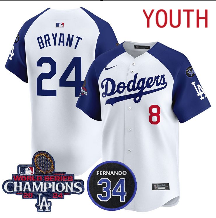 Youth MLB Los Angeles Dodgers #24 Bryant white 2024 World Series Champions Patch Limited Jersey style 2